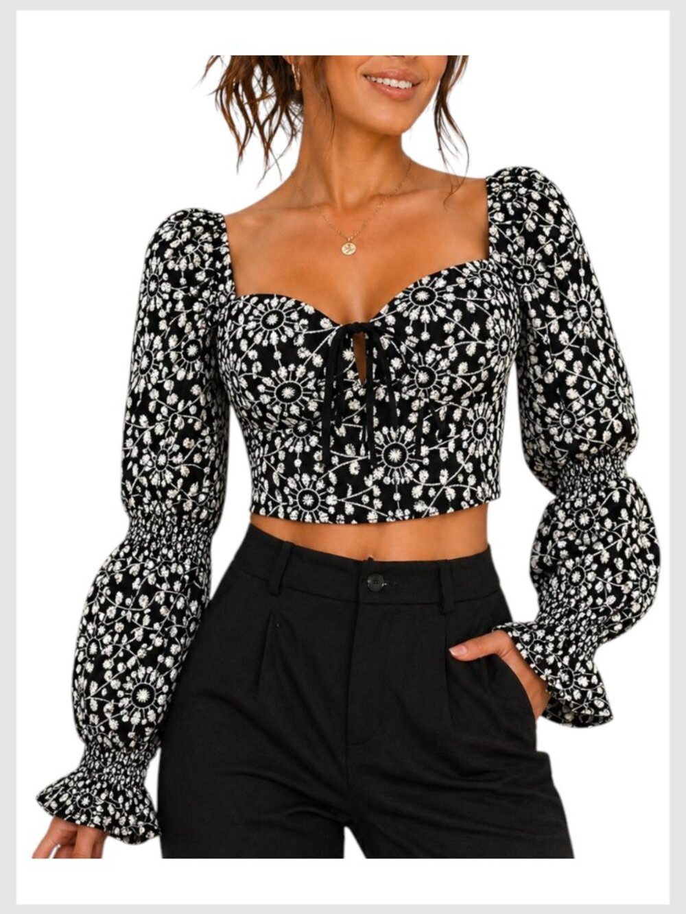 Bardot The Havana Crop Top Black White Embroidered Puff Sleeve 8 M